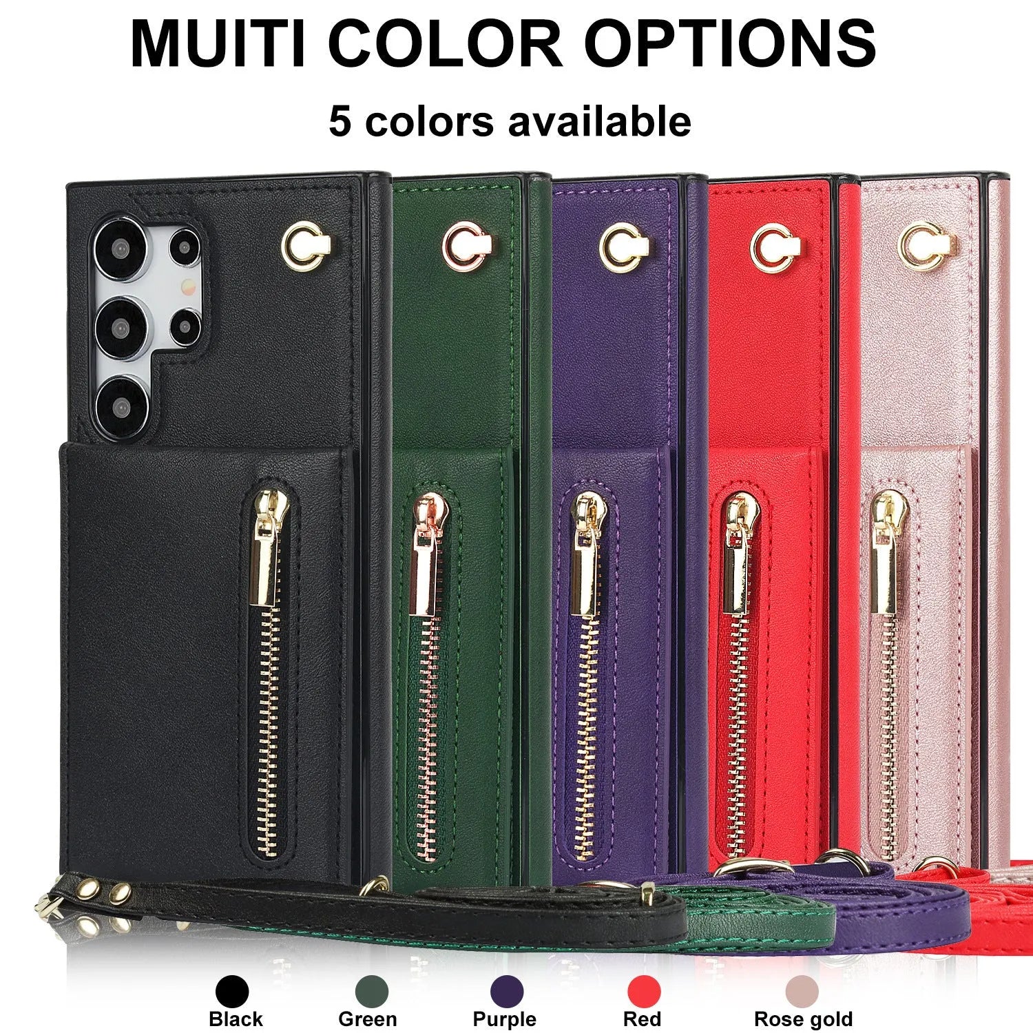 Leather Samsung phone case with crossbody strap and zippered card slot in various colours.