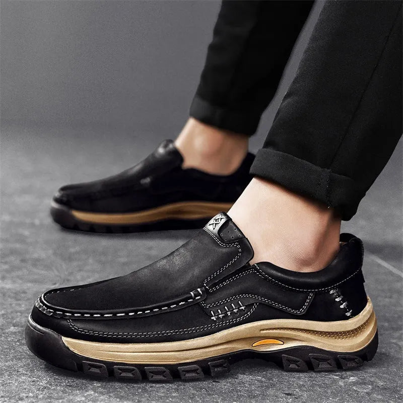 Men's black outdoor leather shoes with thick rubber sole and round toe design
