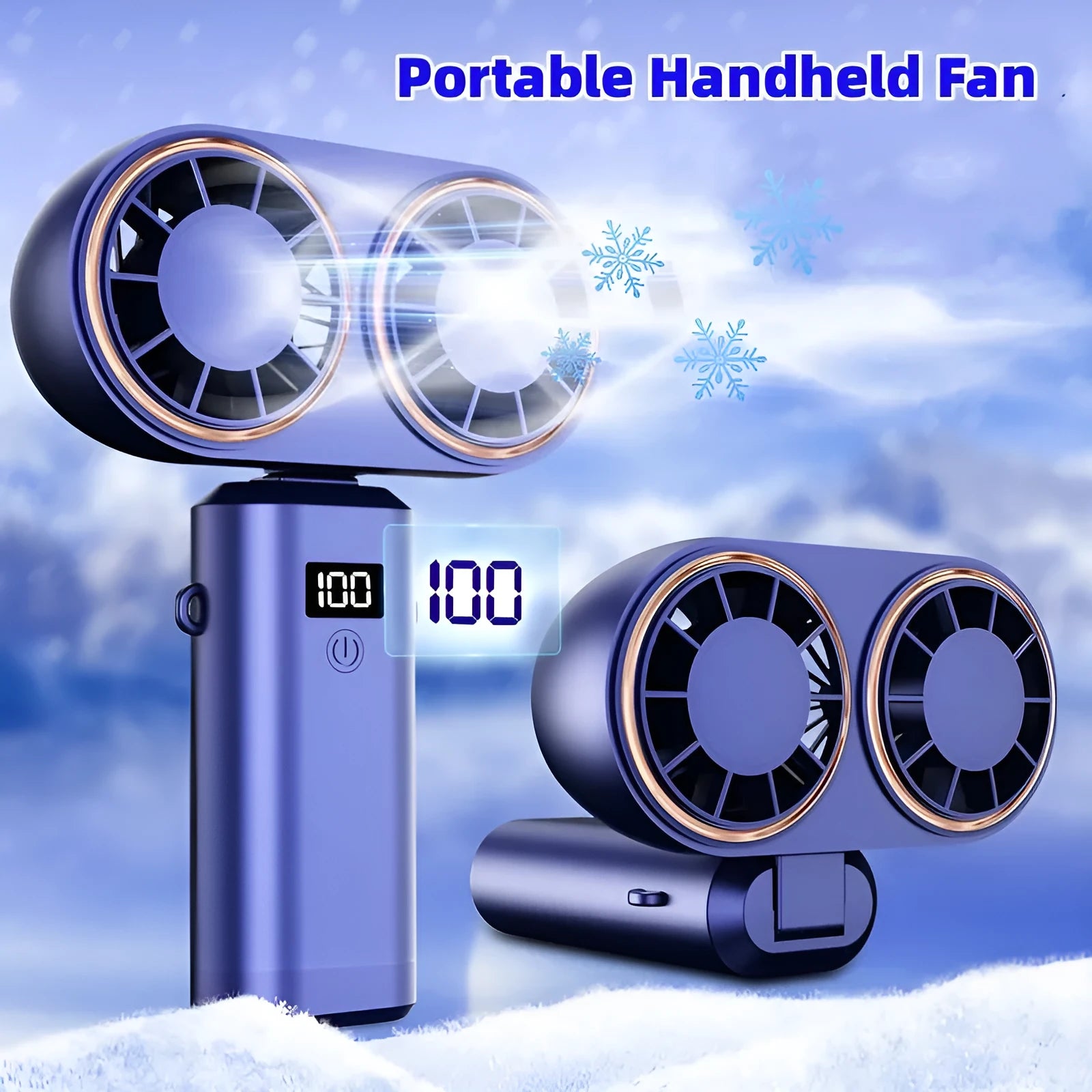 USB handheld mini fan with folding design and digital display screen showing battery level