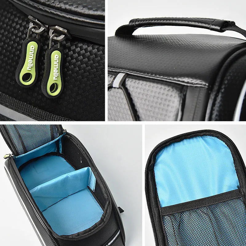 Waterproof black bicycle rack bag with 8L capacity mounted on bicycle rear rack