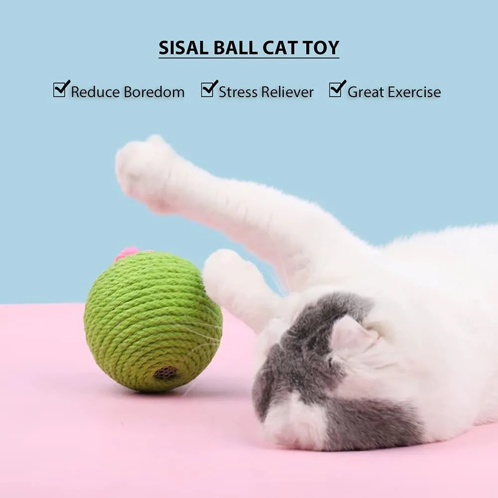 Green interactive cat toy with sisal scratcher and tumbler ball on tree tower base for indoor play