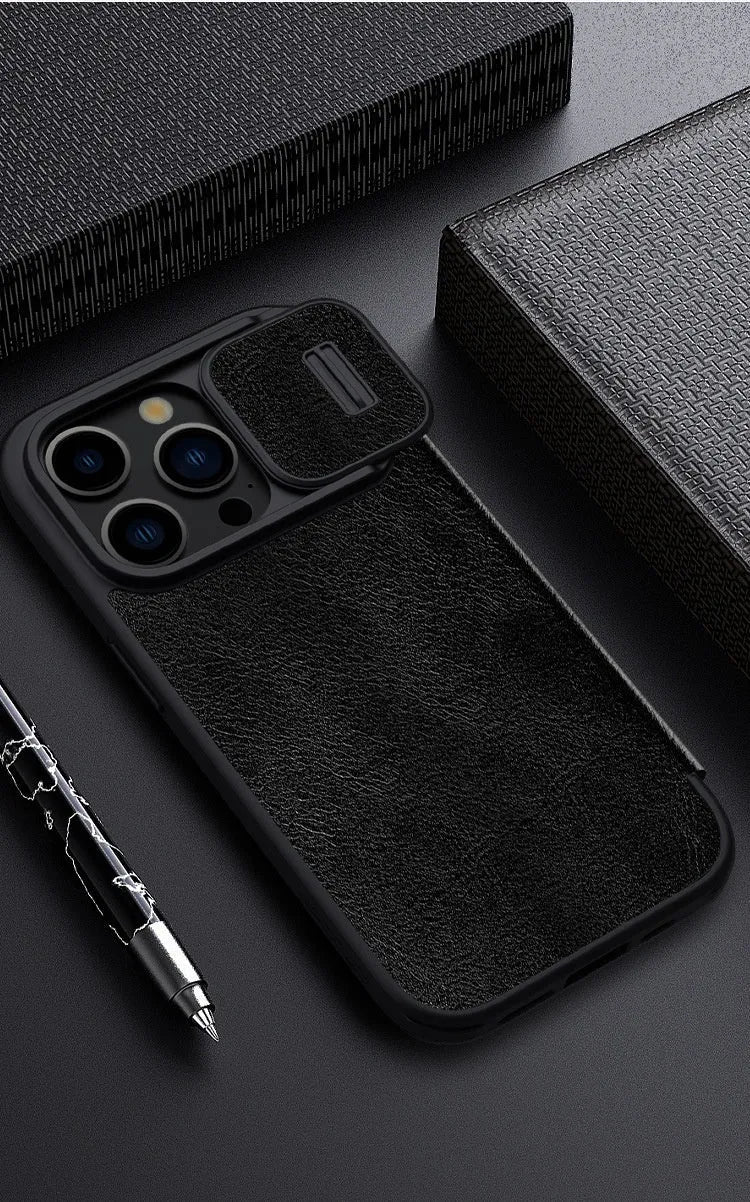 Imitation leather flip phone case for iPhone showing black, brown, and red colour options
