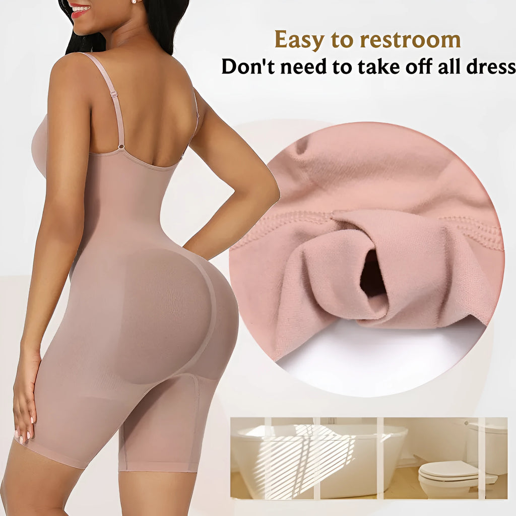 Body-shaping corset jumpsuit in black with seamless design, belly contracting, and chest support for full torso shaping