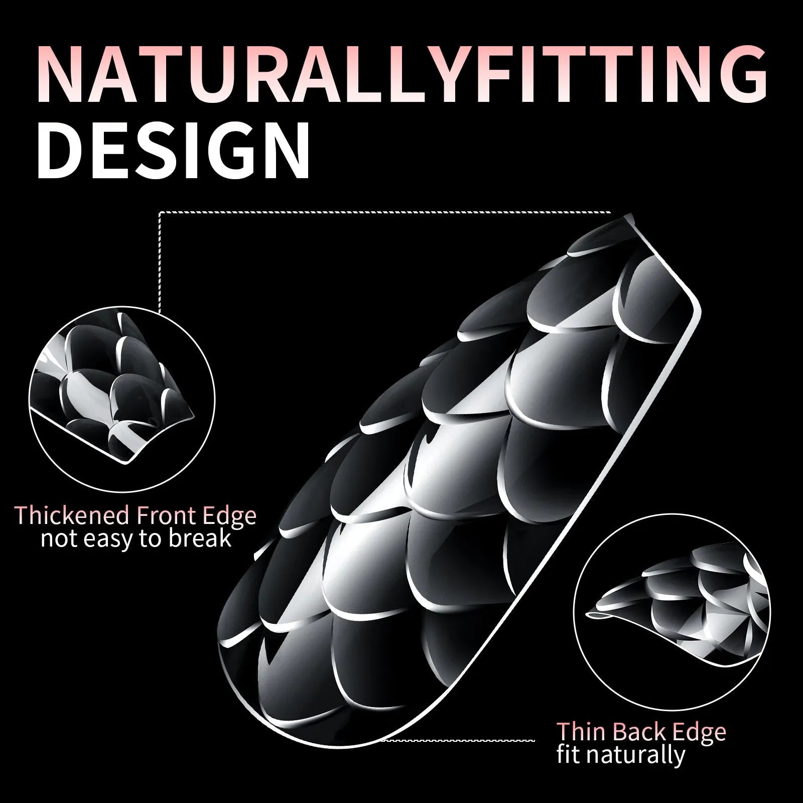 Pack of 3D scale texture long artificial nail tips with deep C-Cut, shown in Frigate Box colour options.