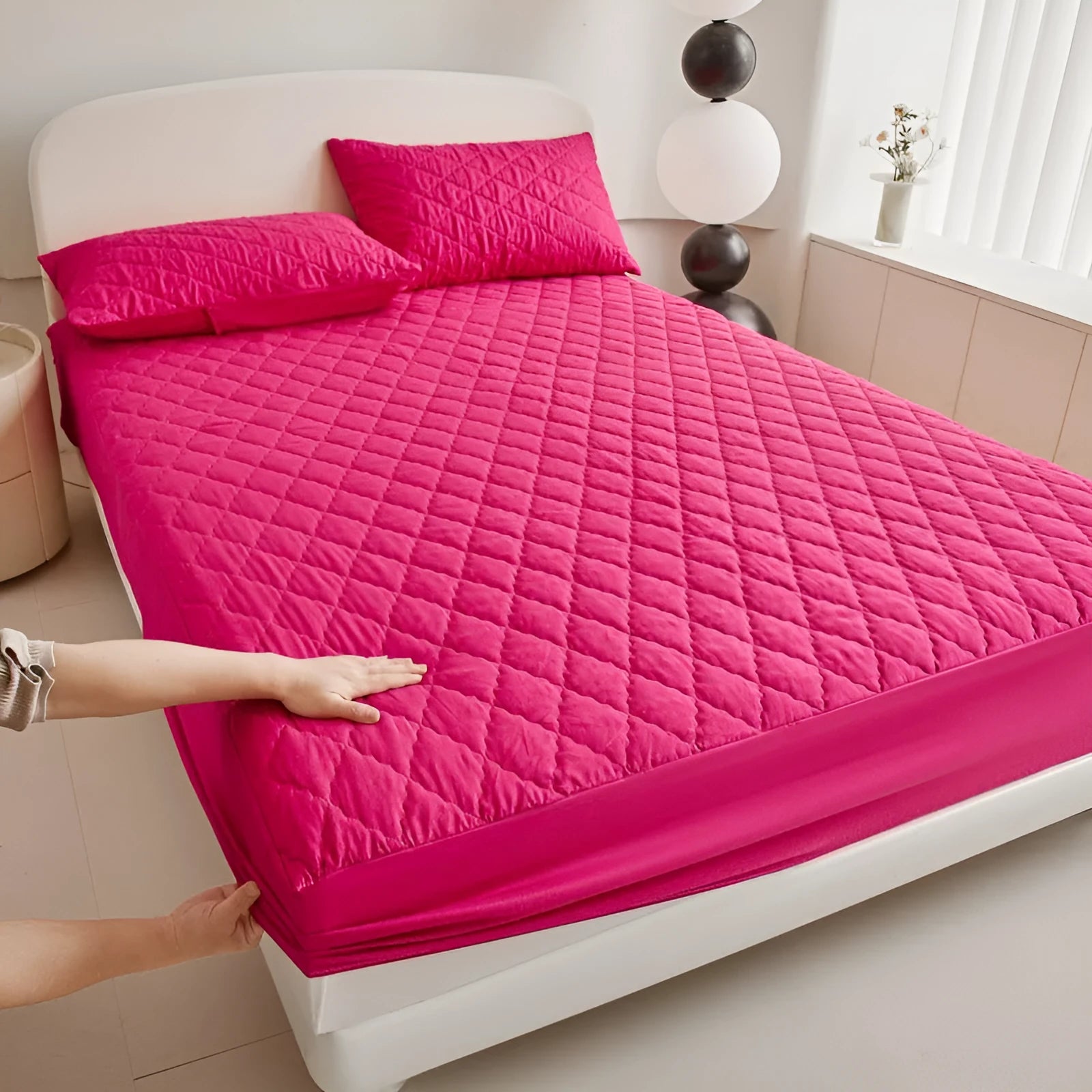 Diamond lattice quilted waterproof mattress protector fitted sheet set in solid colour.
