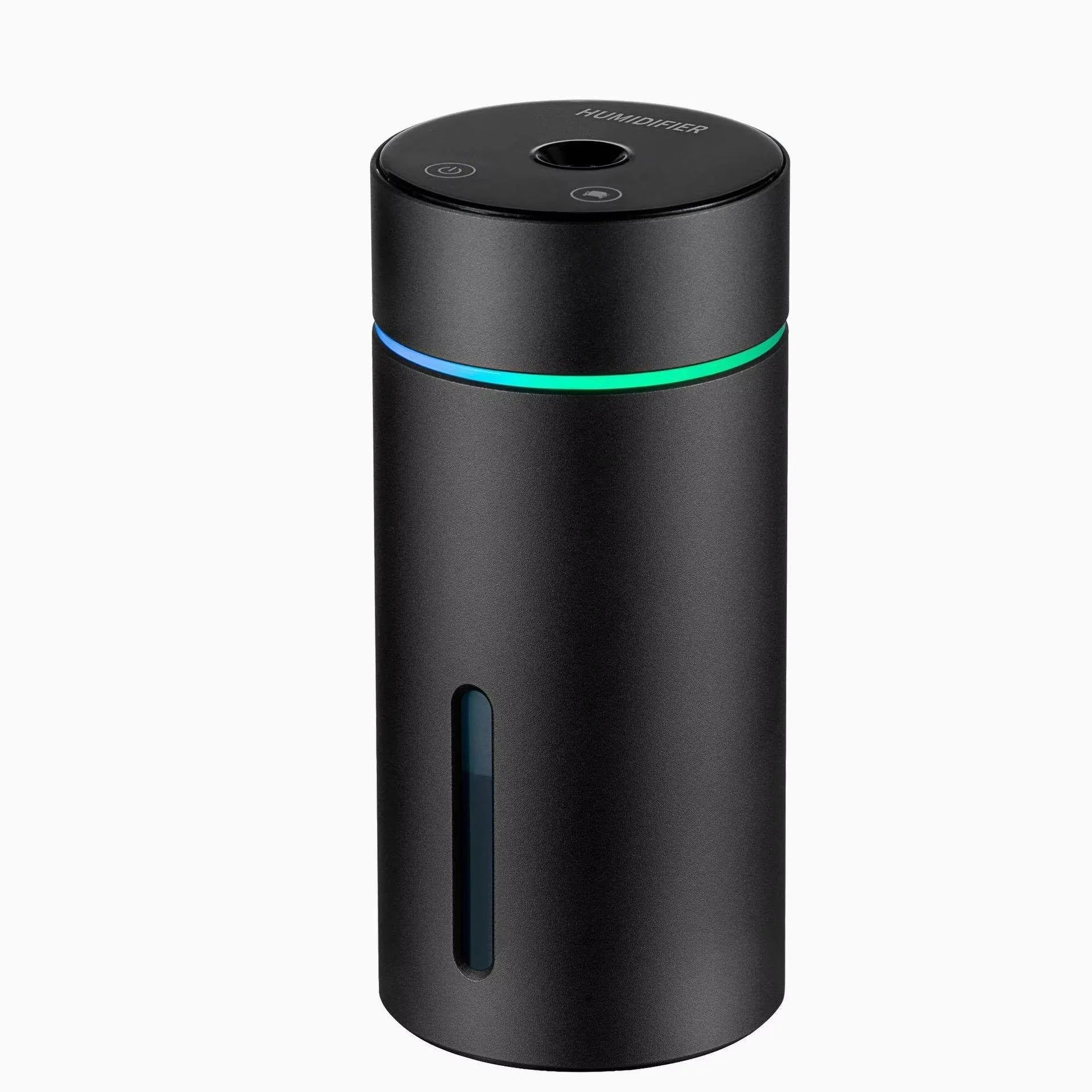 Black aluminium portable car humidifier and essential oil diffuser with night light on a desk