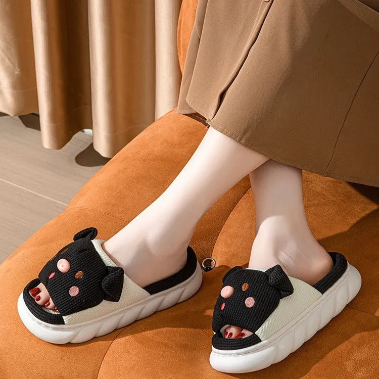 Open-toe linen couple slippers in four colours with PVC soles and sewn construction