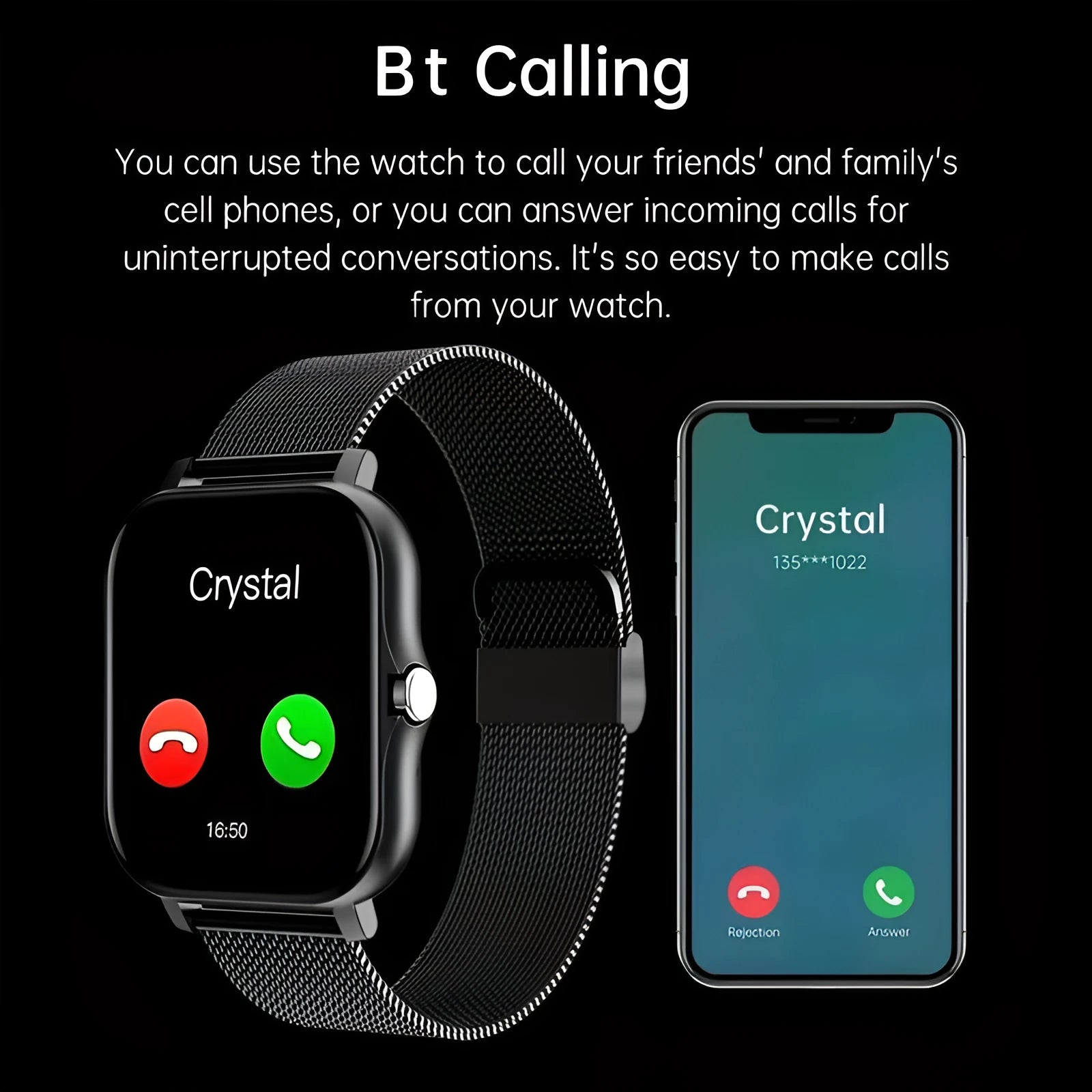 Black smartwatch with 1.44-inch screen and silicone strap on a wrist, showing a fitness tracking interface.