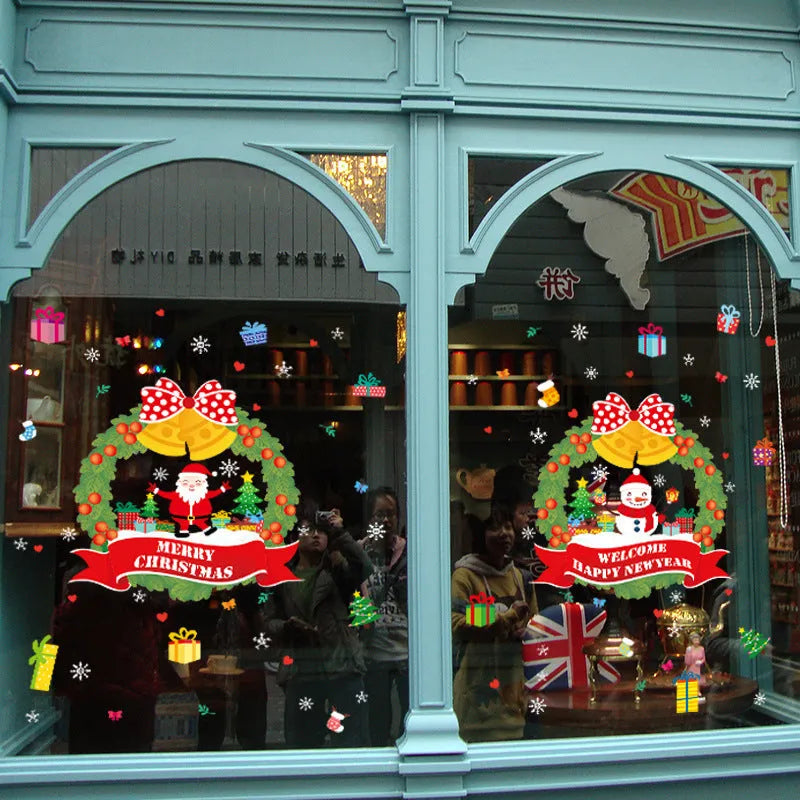 Large colourful cartoon Christmas static cling wall sticker on a glass window.