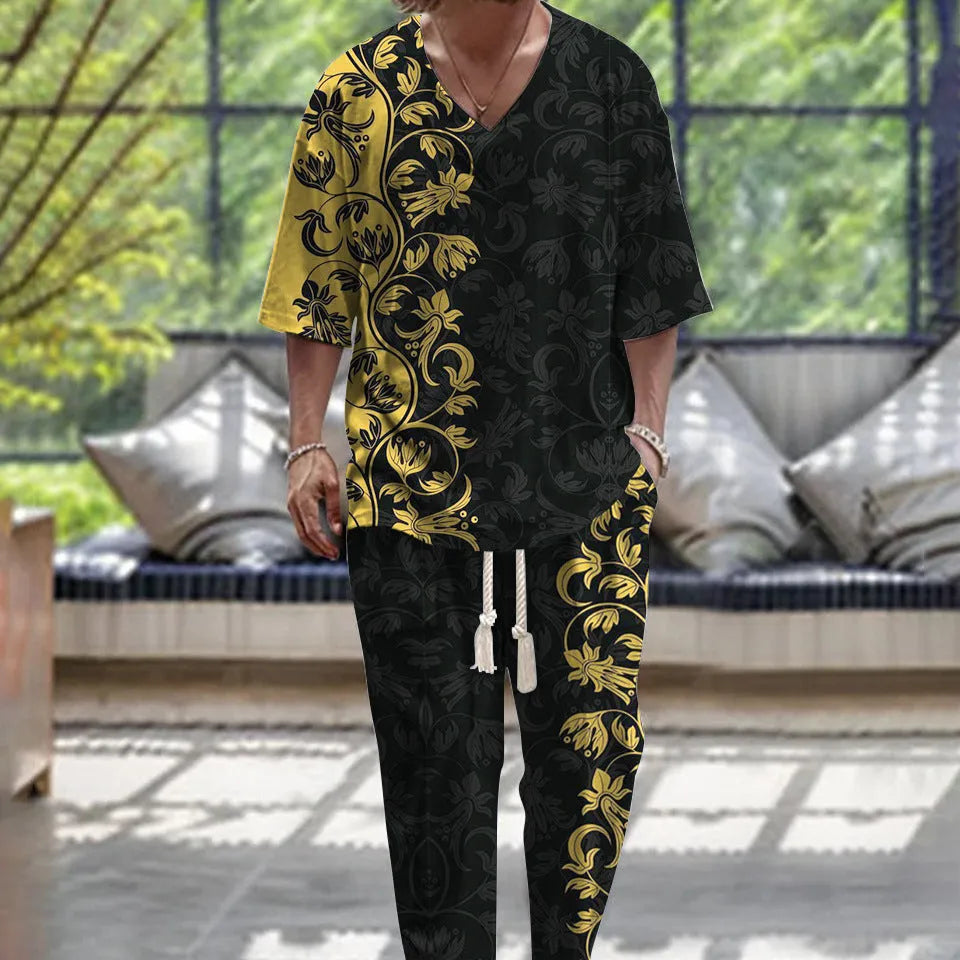 A women's polyester trousers suit set with a V-neck cropped sleeve jacket and matching trousers.