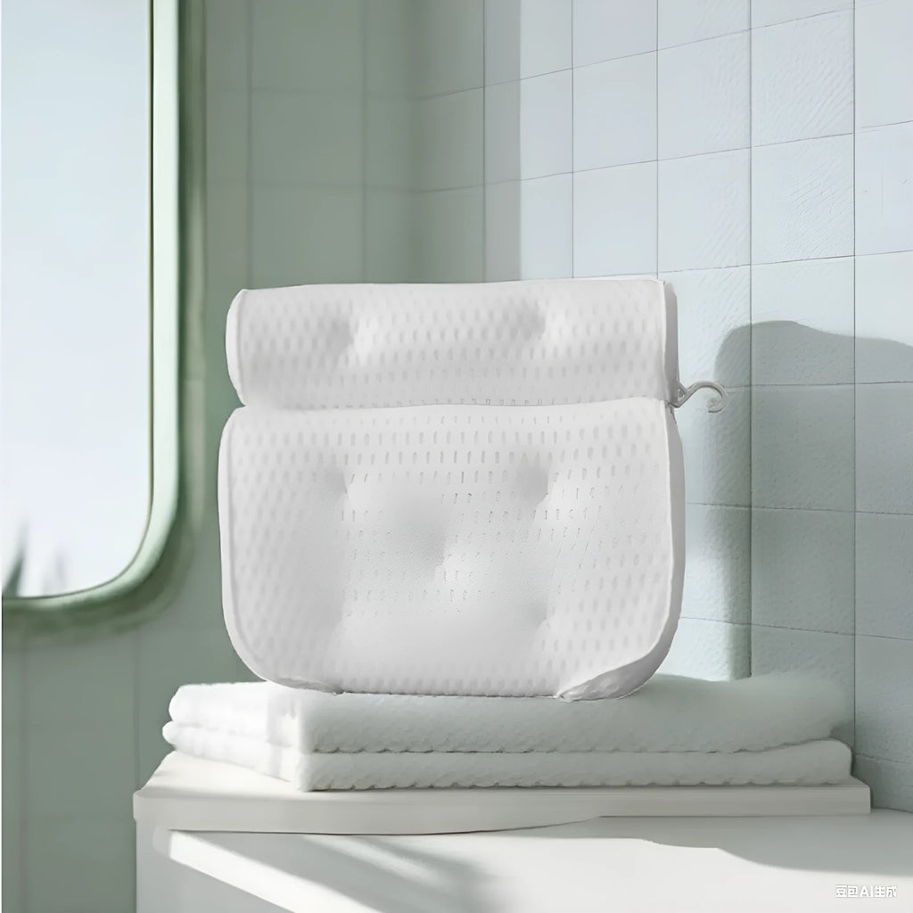 White bathtub pillow with suction cups showing 4D mesh construction and 3D permeable material