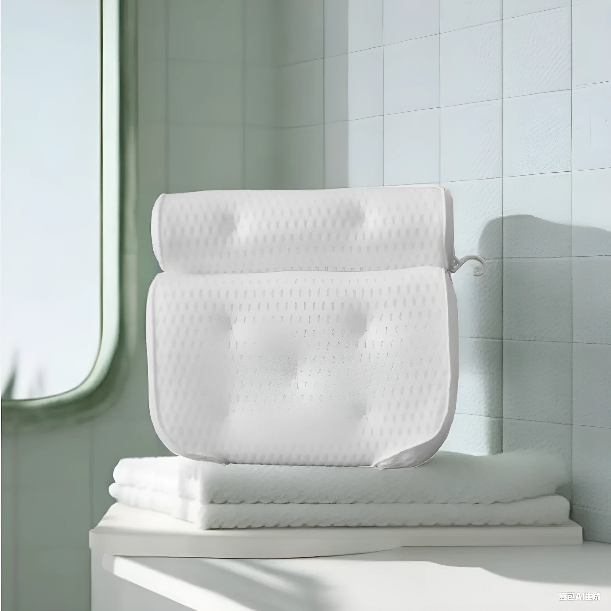 White bathtub pillow with suction cups showing 4D mesh construction and 3D permeable material