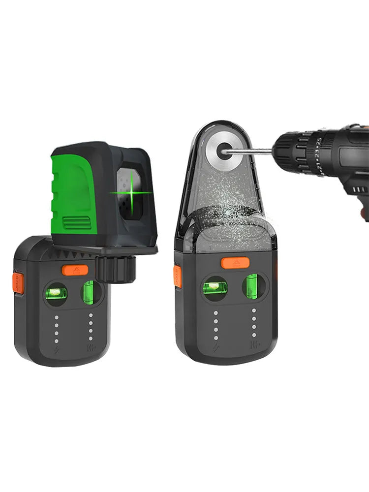 Red electric hammer dust collection cover with integrated laser level and suction bracket.