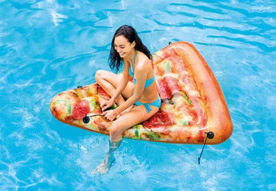 Large green inflatable pizza surfboard shaped recliner float on water