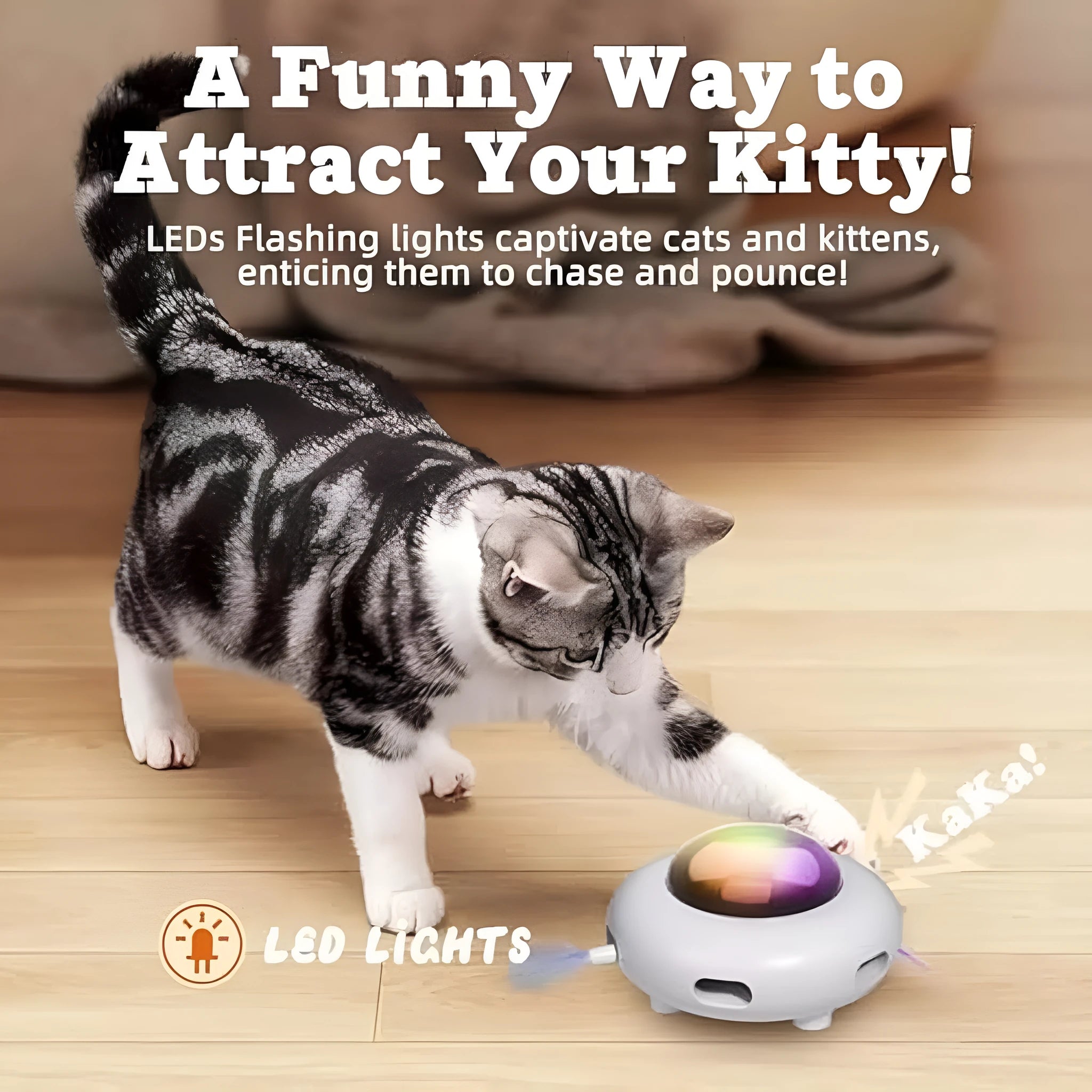 White automatic interactive cat toy with colourful feathers and LED lights on a floor.