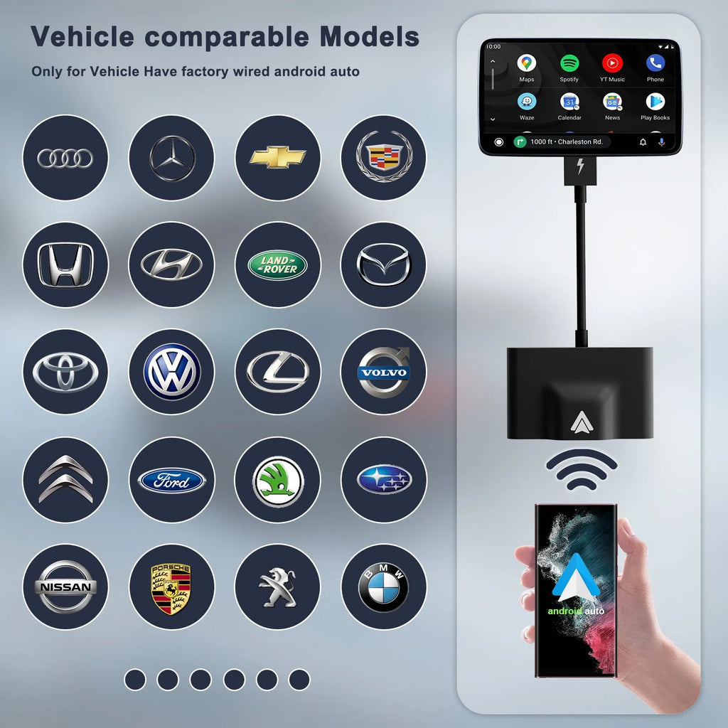 Black and white wireless Carplay adaptor for Android phones next to a car steering wheel