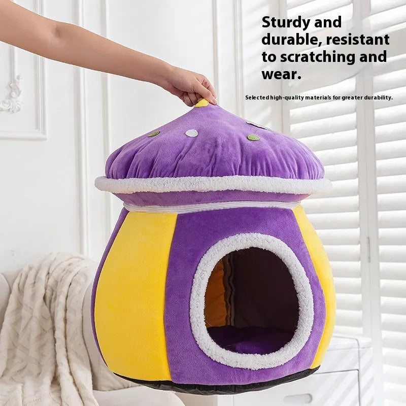 Mushroom-shaped plush cat nest with detachable rabbit blanket in grey pink purple colours