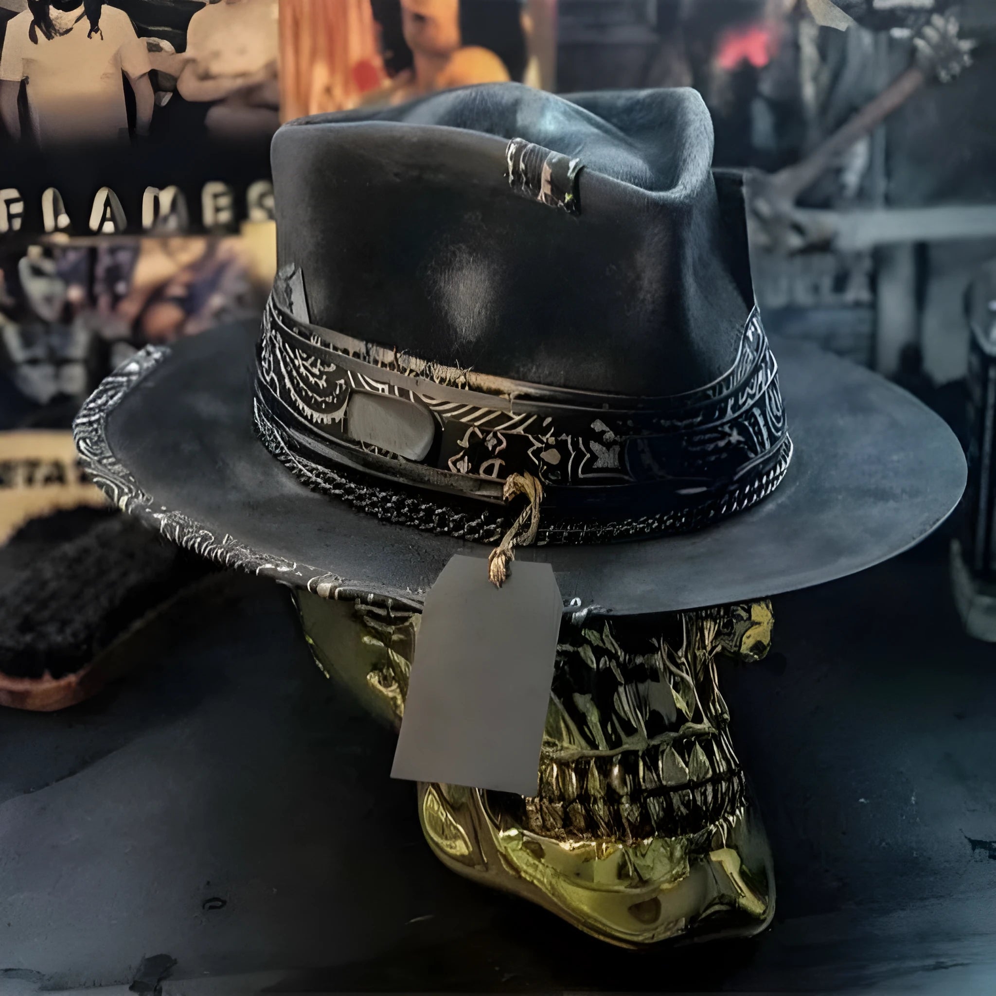 Handmade conical skull hat crafted from wool felt and denim fabric in a dark colour.