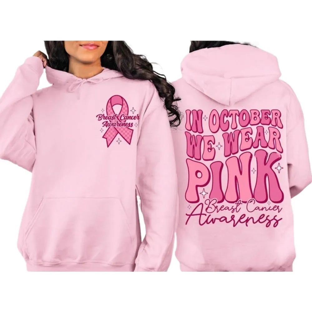 Breast Cancer Awareness pullover hoodie with retro print and side seam pockets in pink.