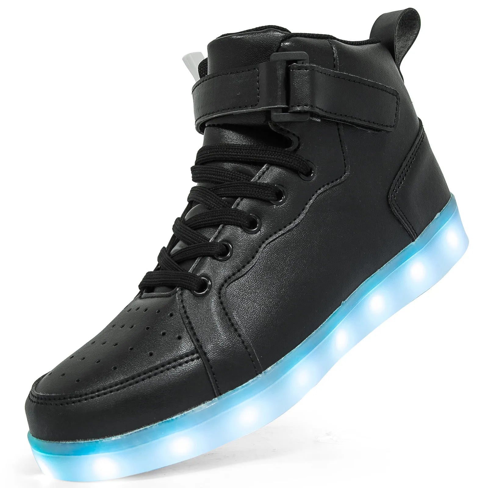 LED light-up high-top board shoes with velcro fastening in black, white, gold, silver, and pink colours