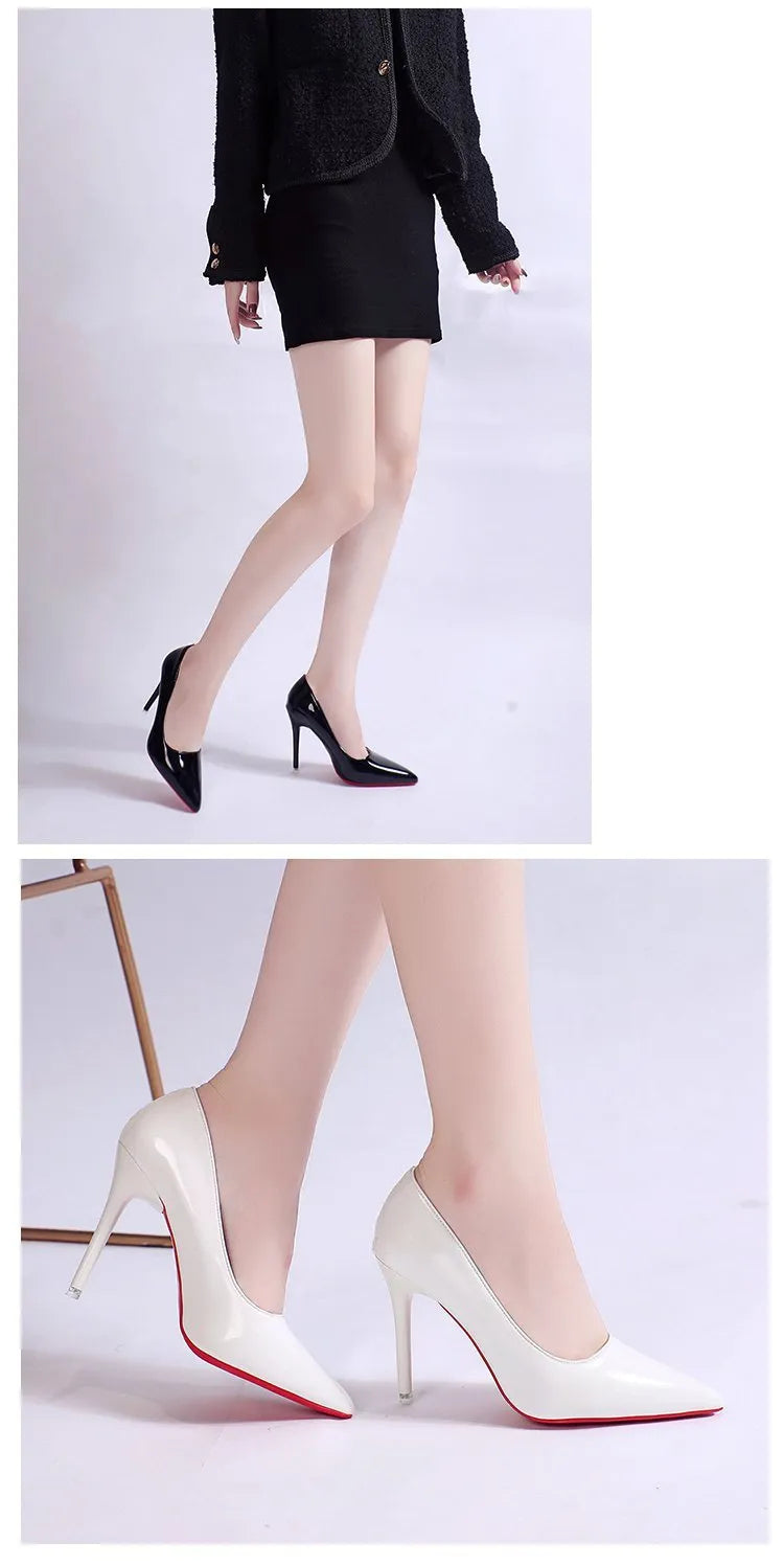 Solid colour women's stiletto pump with pointed toe and shallow mouth design on a rubber sole.