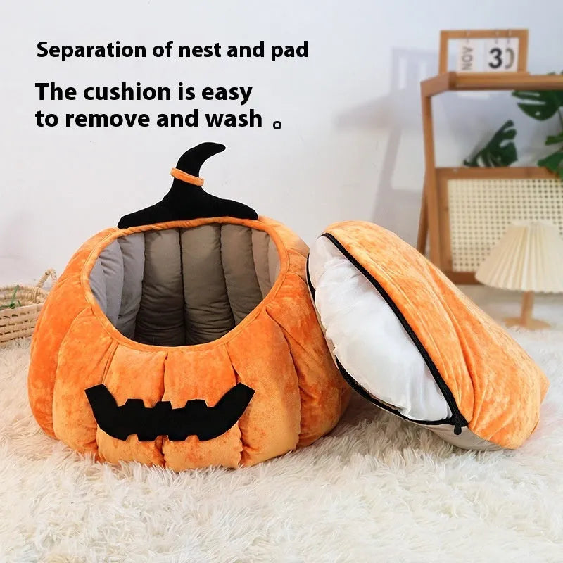 Halloween pumpkin-shaped cat nest in black or orange cloth for winter pet bedding