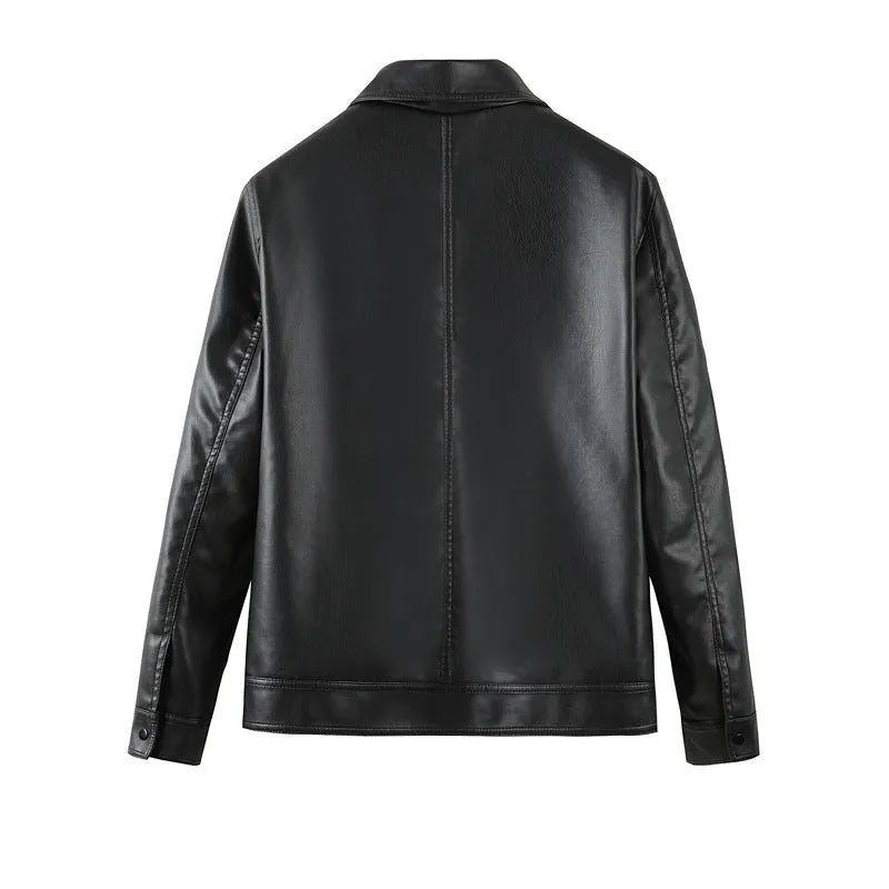 Men's black PU leather casual jacket with zip-up front and multiple pockets