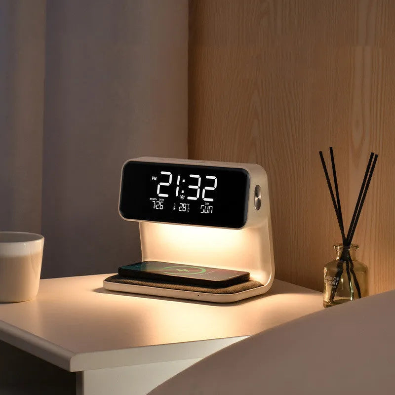 White 3-in-1 bedside lamp with wireless charging pad, LCD clock screen, and fabric-effect ABS shade.