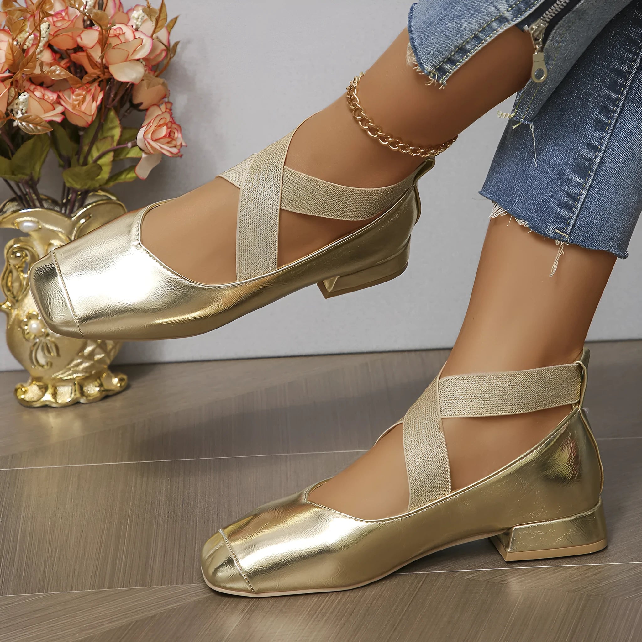 Slip-on square-toe evening pumps in black, gold, or silver with a low rubber sole heel.