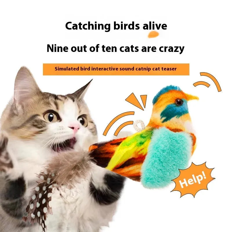 Colourful bird simulation plush cat toy in blue kingfisher design with soft fabric construction