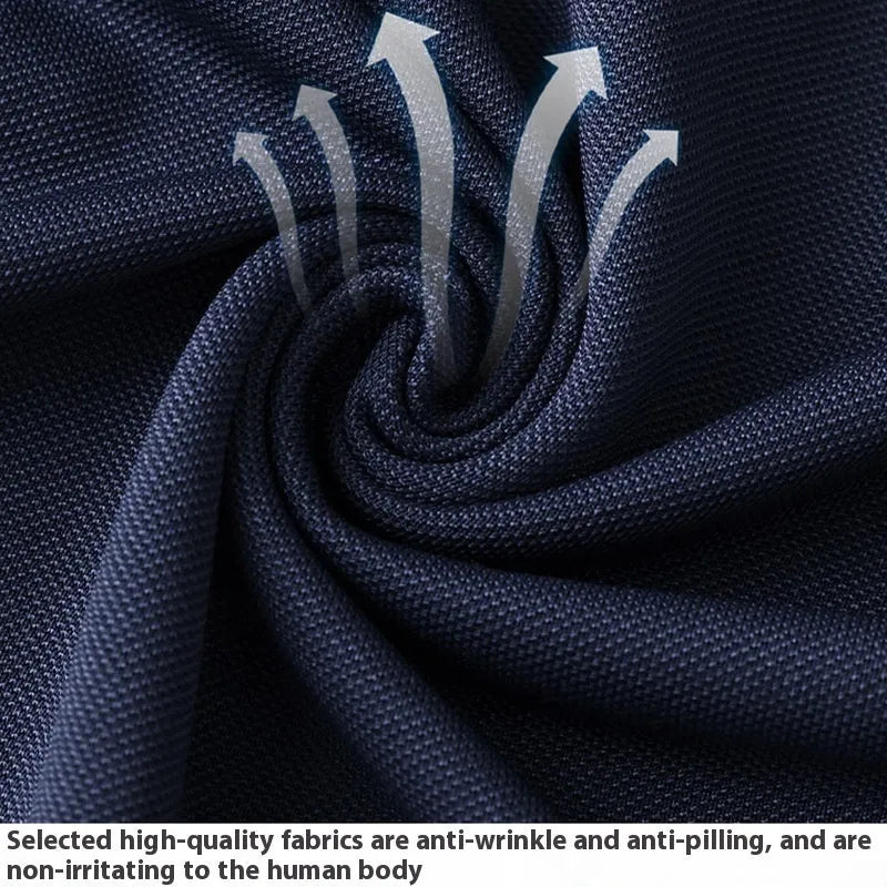 Men's and women's short sleeve lapel collar t-shirt in multiple colours on a hanger.
