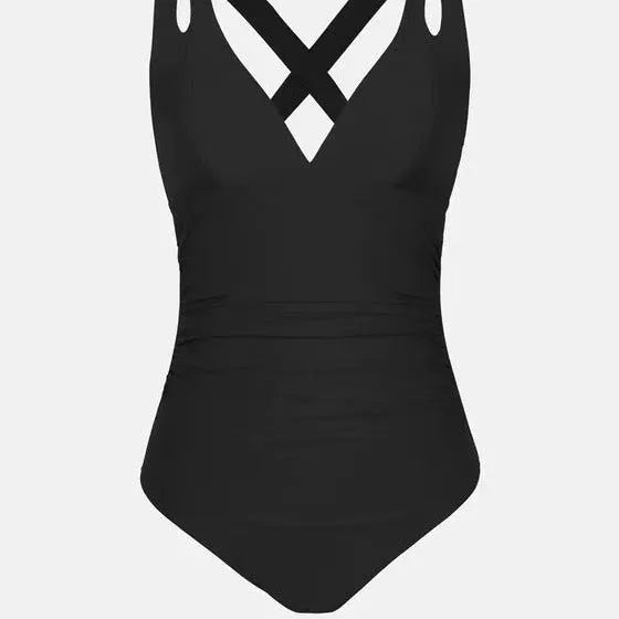 Women's solid colour one-piece swimsuit with triangle top and cross shoulder straps.