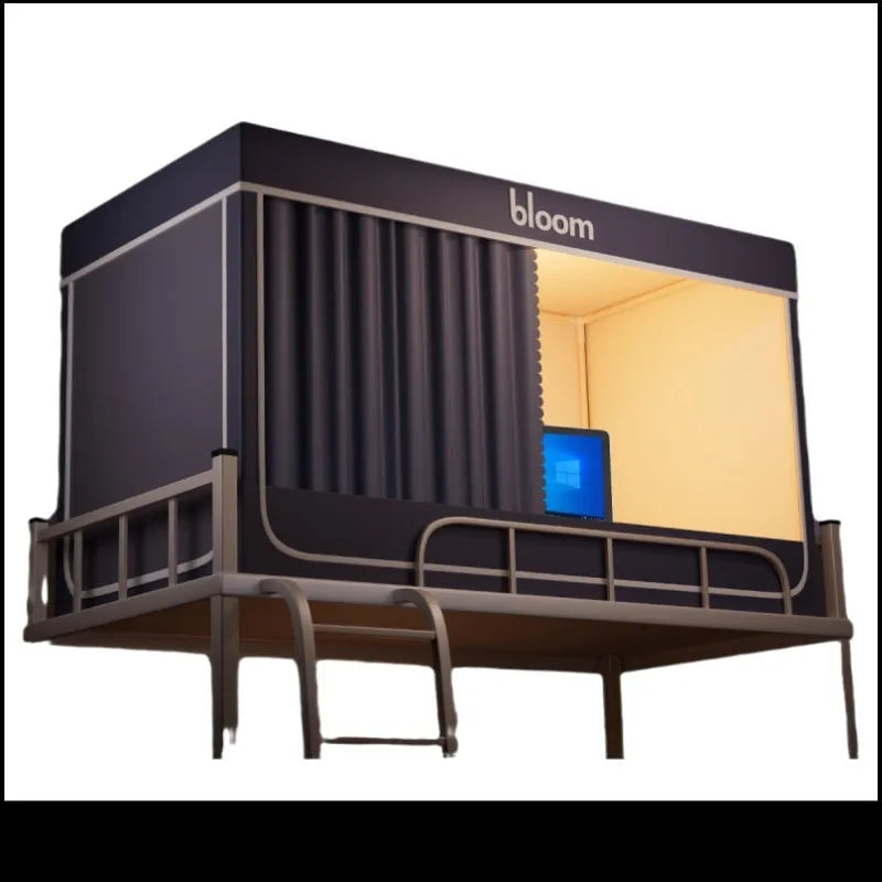 Gentleman grey bed curtain with integrated mosquito net for 0.9m beds showing five-side light blocking design