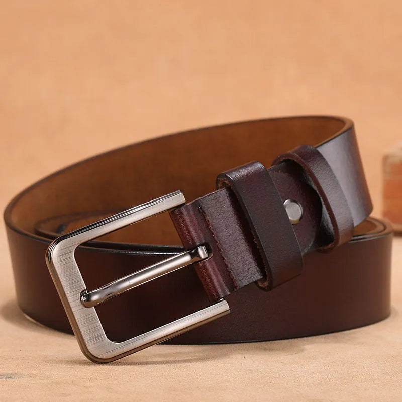 Square head pin buckle casual belt in black or brown colour with alloy buckle and adjustable strap