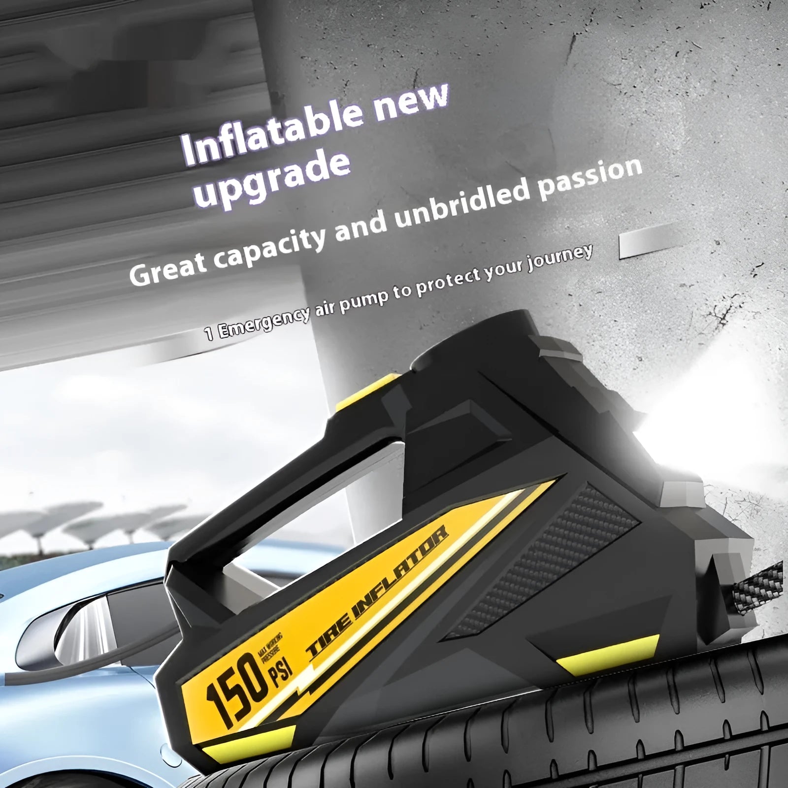 Black portable digital tyre inflator with LED light and display, connected to a car tyre valve.