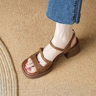 Women's open toe square toe retro platform sandals in brown colour with rubber sole