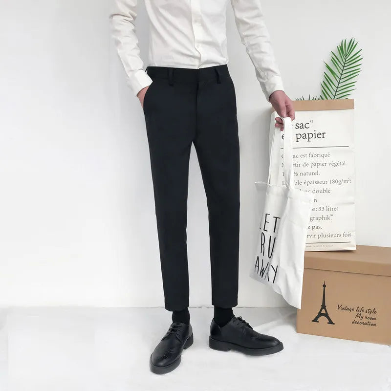Men's Korean-style cotton straight-leg pants with drawstring waist in black, grey, or khaki