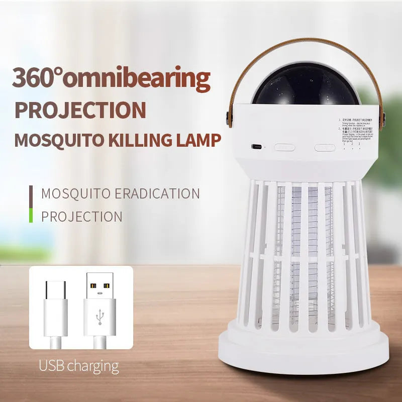 White electric mosquito killer lamp with star projection feature and folding handle for indoor and outdoor use.