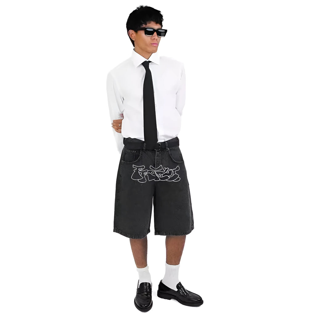 Men's straight cut denim shorts in D36 colour with hip hop style and micro elasticity fabric