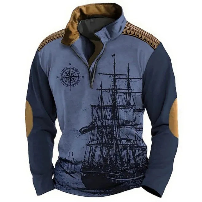 Men's striped loose-fit long sleeve t-shirt with retro colour printing and zipper detail on sleeve.