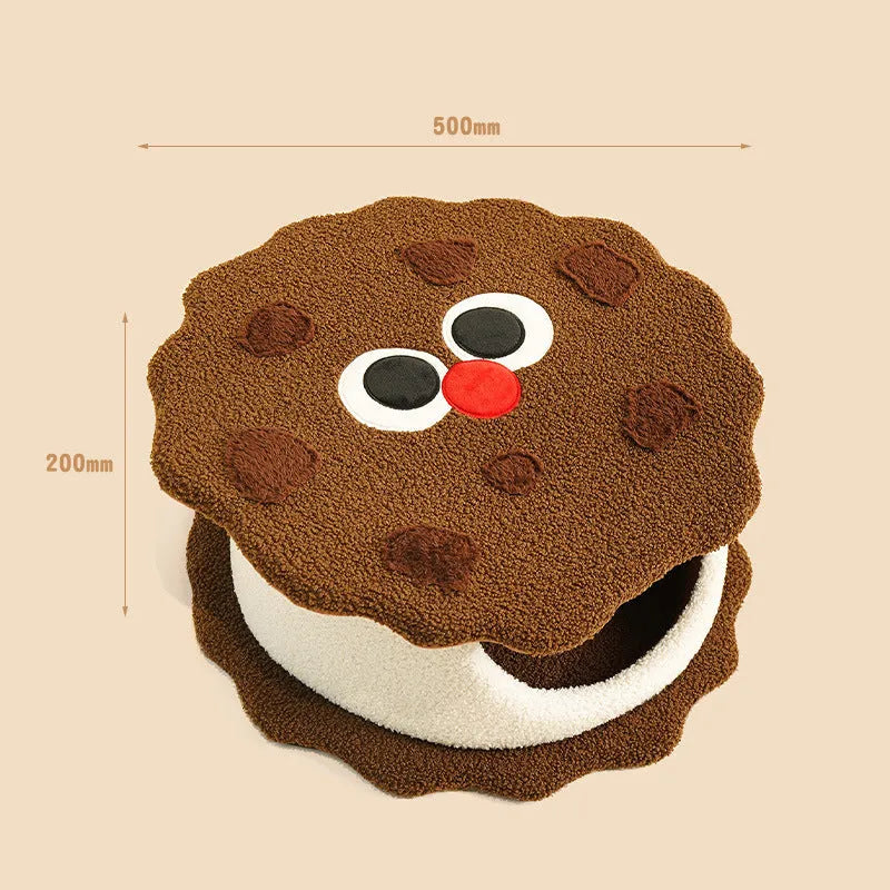Khaki cookie-shaped enclosed cat bed for winter sleeping