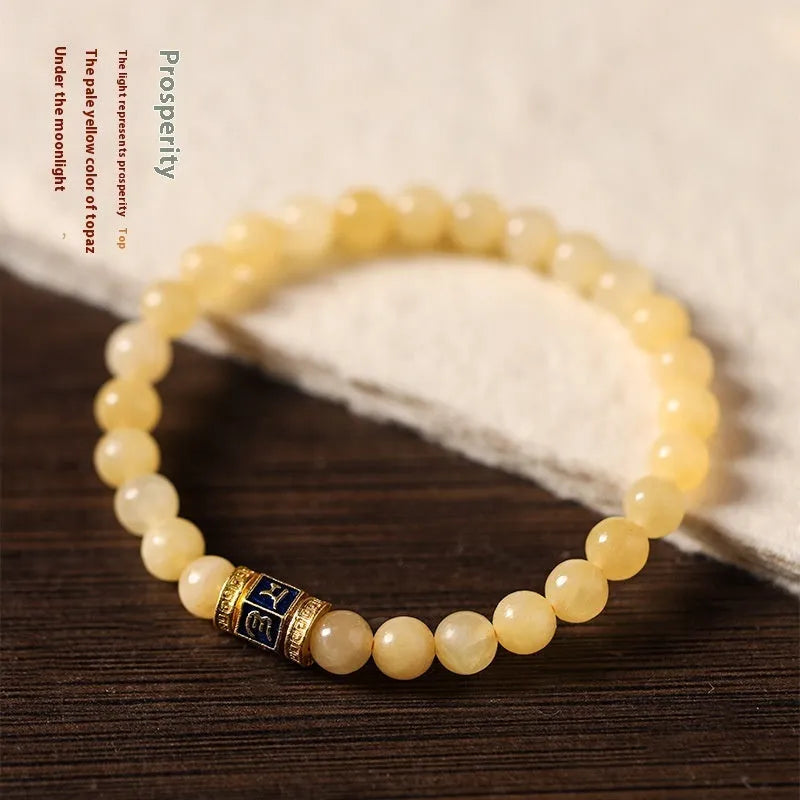 Hand-woven women's topaz bracelet with 6mm lucky barrel beads and square sugar jade beads in yellow jade colour
