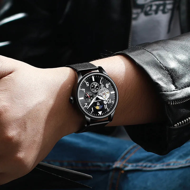 Black mechanical men's watch with 41mm alloy case, mineral glass, and luminous markers