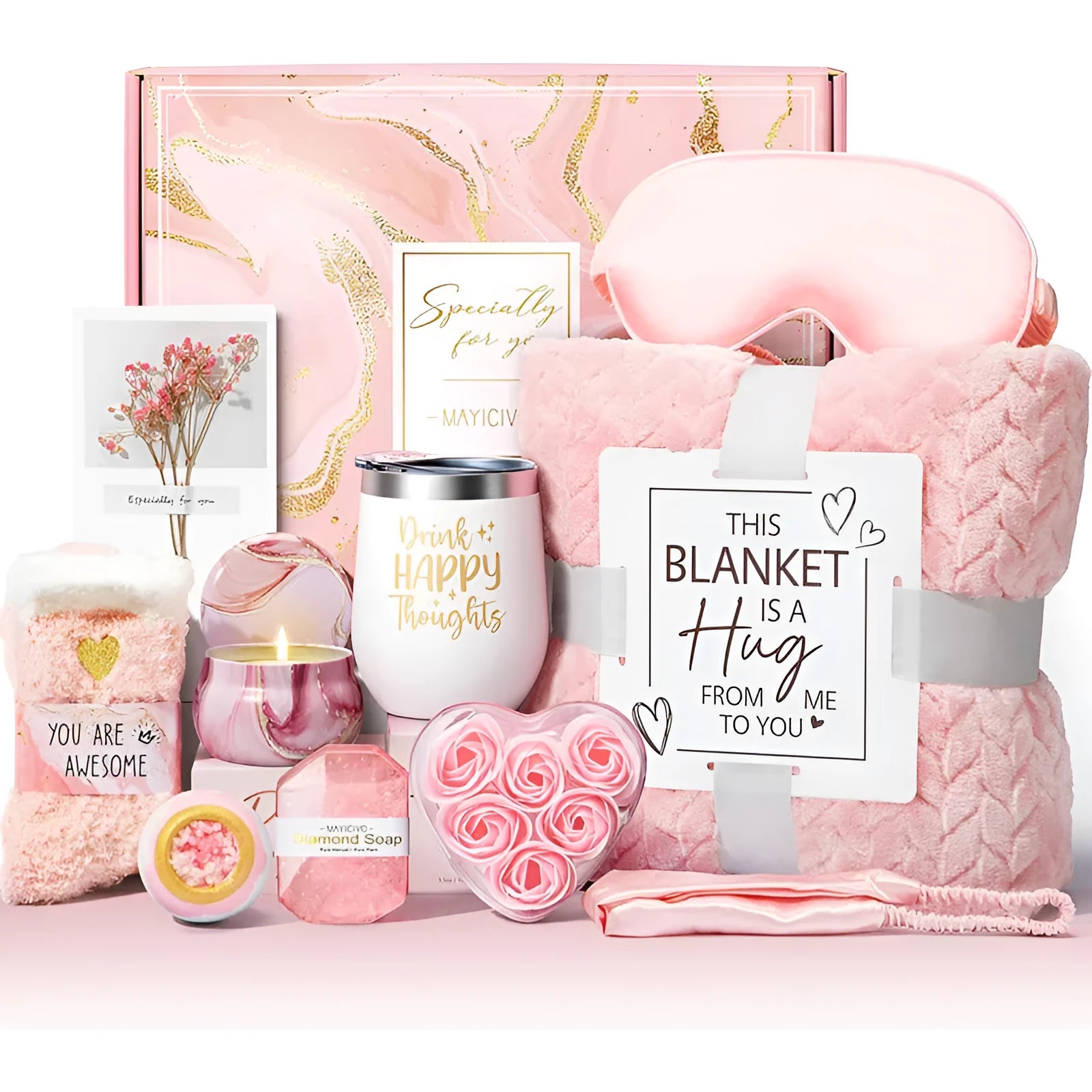 Plastic box containing an aromatherapy candle soap bath gift set with modern design.