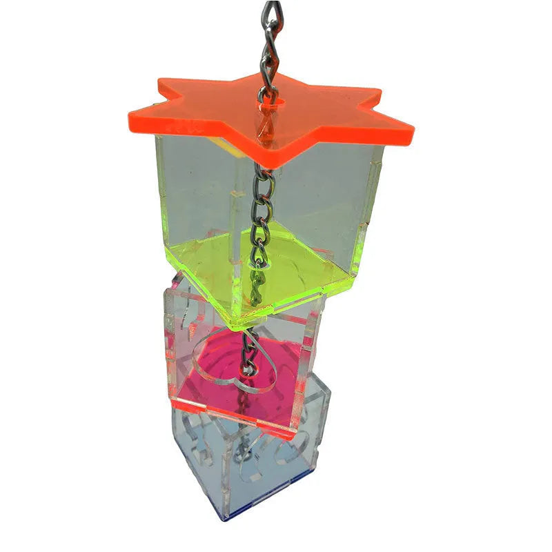 Transparent acrylic parrot foraging toy measuring 32cm tall with 5x5cm base