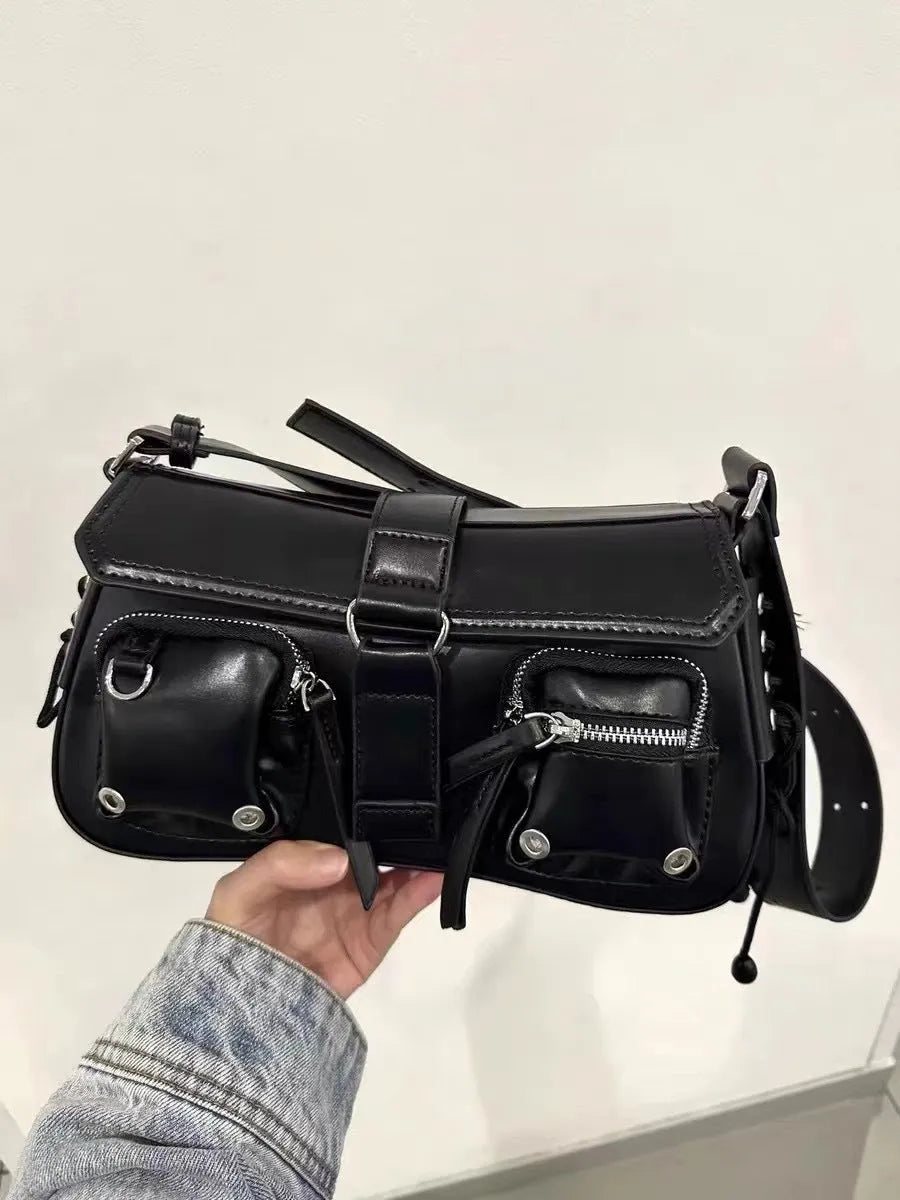 Black PU baguette messenger bag with adjustable shoulder strap showing dimensions