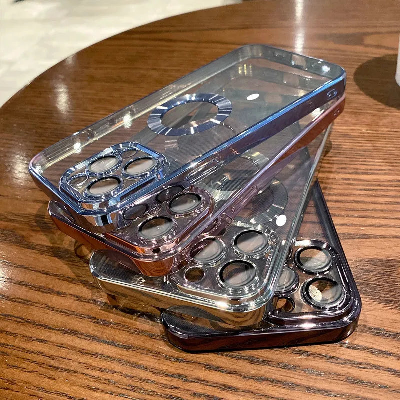 Electroplated silicone iPhone case with integrated camera lens protector shown in transparent finish