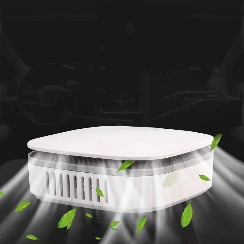 White USB-powered air purifier for car and small room use with negative ion function.