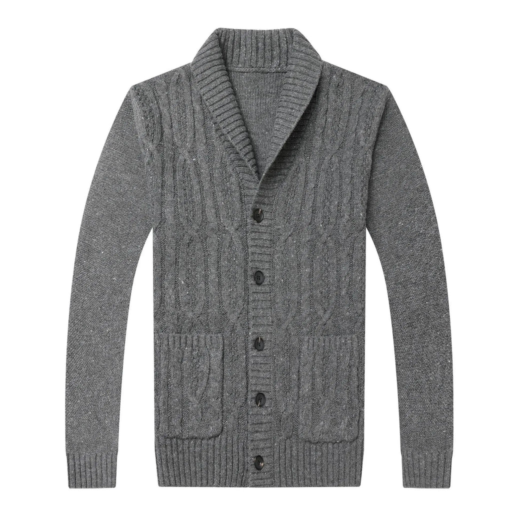 Men's black Korean style jacquard patterned knitted cardigan jacket for autumn and winter.