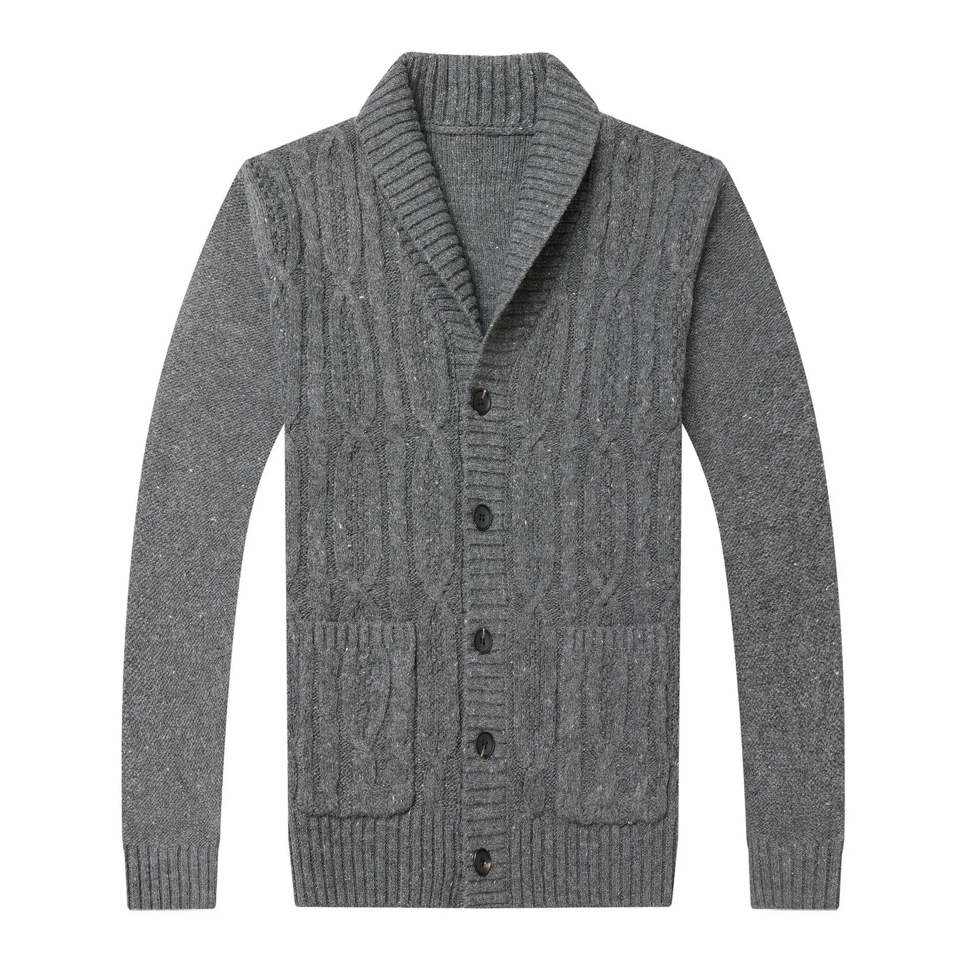 Men's black Korean style jacquard patterned knitted cardigan jacket for autumn and winter.
